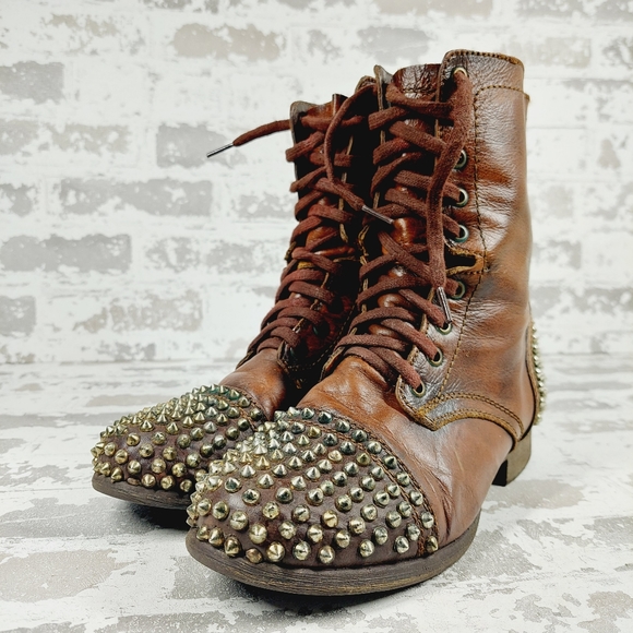Steve Madden Tarnney Brown Leather Side Zip Lace Up Studded Combat Boots i764 - Picture 2 of 11